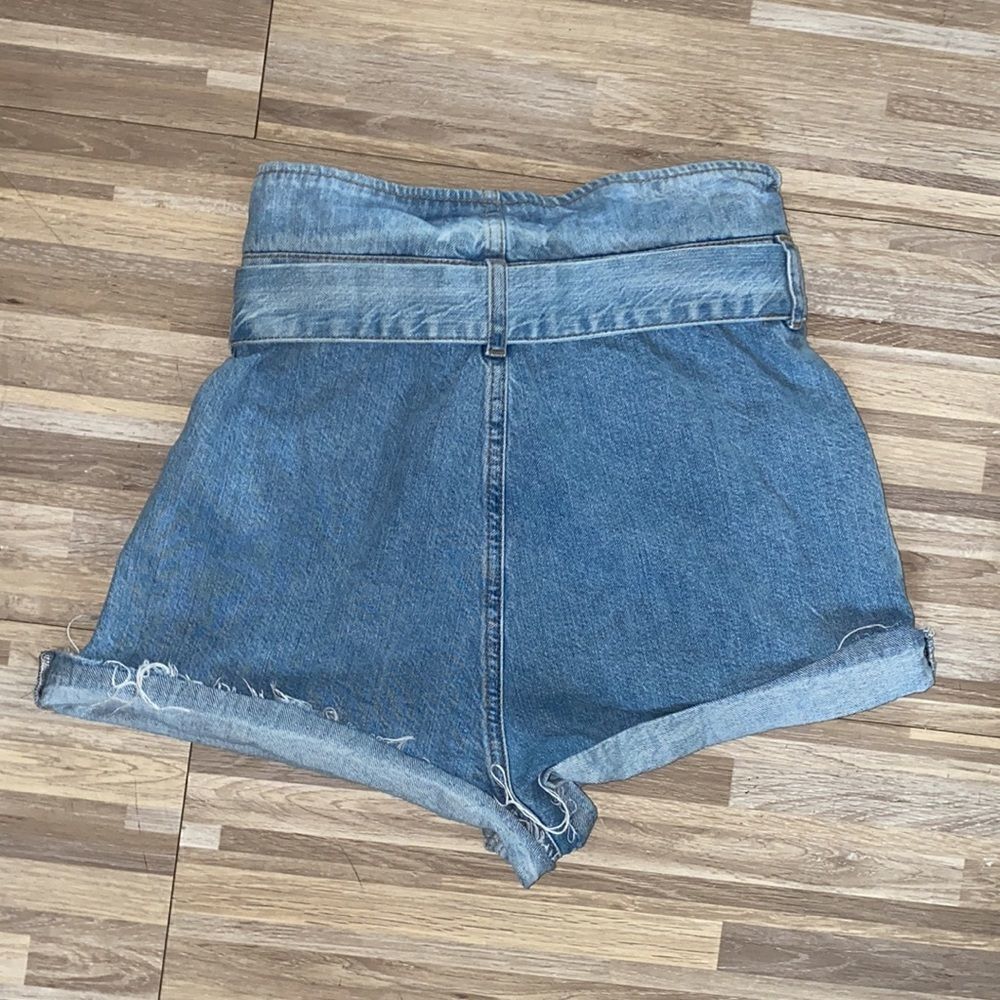 Belted Paper Bag Denim Shorts light blue jeans shorts cuffed spring summer - Picture 3 of 3